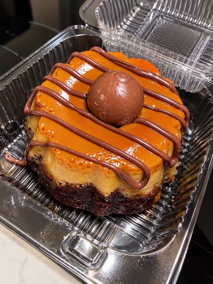 Naila’s mini chocoflan with glossy caramel, chocolate drizzle, and a chocolate topping