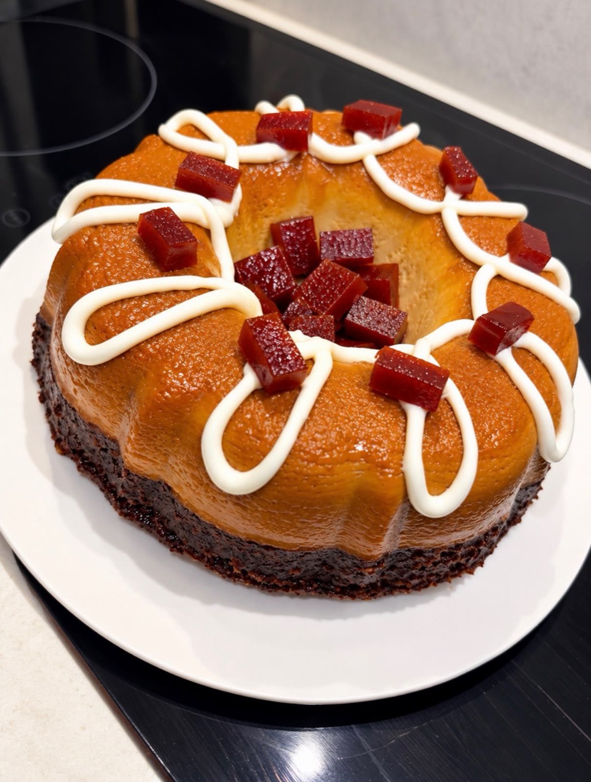 Large chocoflan decorated with white icing and red fruit pieces